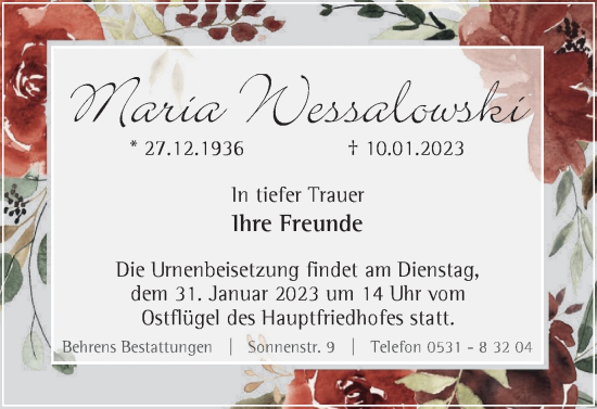 Traueranzeige von Maria Wessalowski von Braunschweiger Zeitung