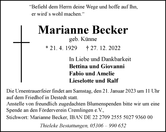 Traueranzeige von Marianne Becker von Wolfenbütteler Zeitung