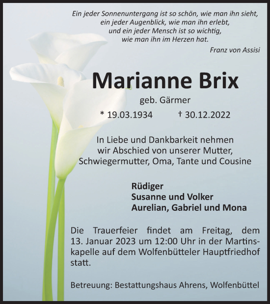 Traueranzeige von Marianne Brix von Wolfenbütteler Zeitung