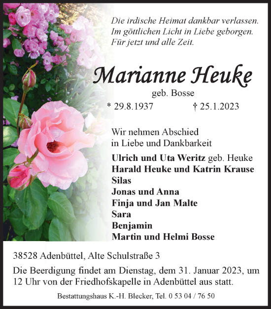 Traueranzeige von Marianne Heuke von Wolfsburger Nachrichten