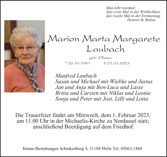 Traueranzeige von Marion Marta Margarete Laubach von Salzgitter-Zeitung
