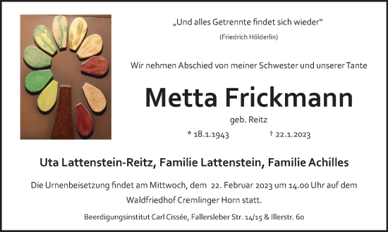 Traueranzeige von Metta Frickmann von Braunschweiger Zeitung