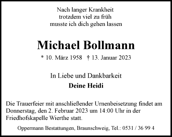 Traueranzeige von Michael Bollmann von Braunschweiger Zeitung