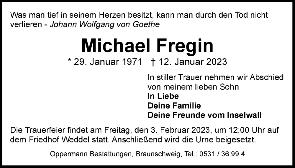  Traueranzeige für Michael Fregin vom 28.01.2023 aus Wolfenbütteler Zeitung