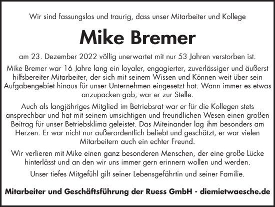 Traueranzeige von Mike Bremer von Wolfsburger Nachrichten