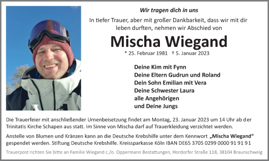 Traueranzeige von Mischa Wiegand von Braunschweiger Zeitung