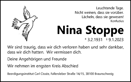 Traueranzeige von Nina Stoppe von Braunschweiger Zeitung