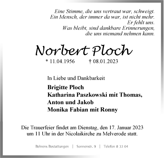 Traueranzeige von Norbert Ploch von Neue Braunschweiger am Samstag