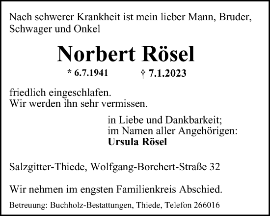 Traueranzeige von Norbert Rösel von Salzgitter-Zeitung