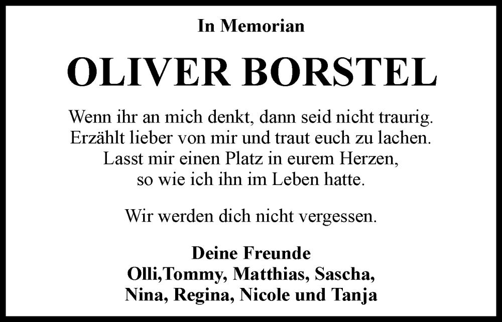  Traueranzeige für Oliver Borstel vom 28.01.2023 aus Neue Braunschweiger am Samstag