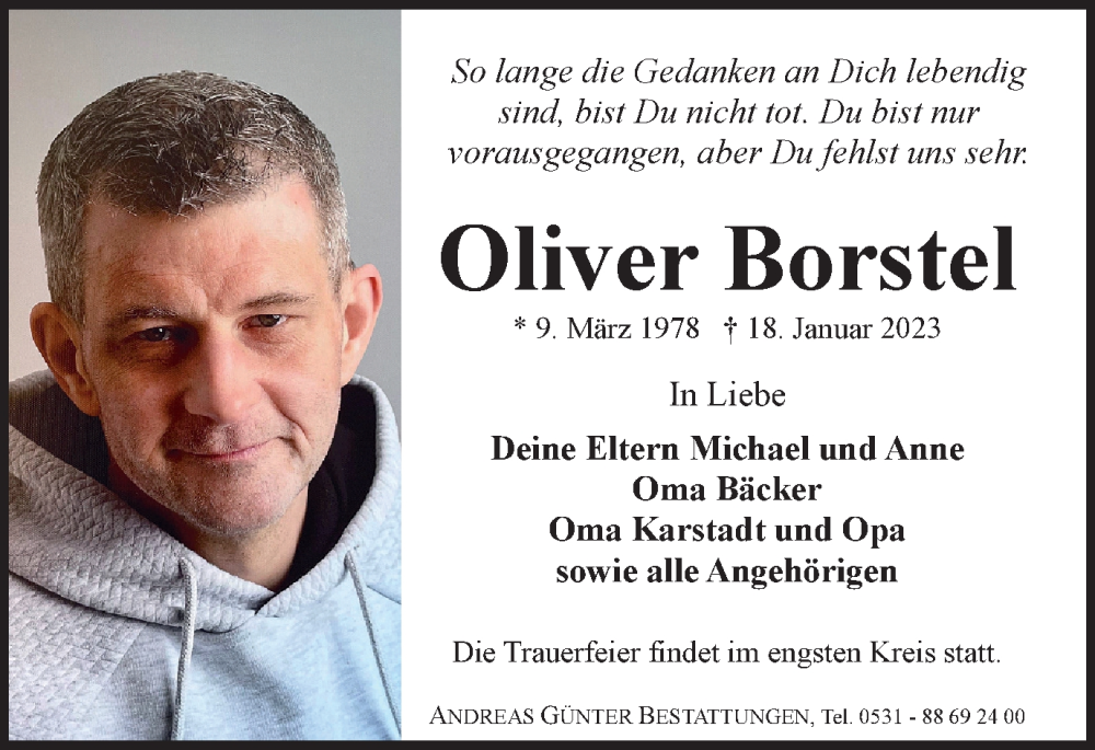  Traueranzeige für Oliver Borstel vom 21.01.2023 aus Braunschweiger Zeitung