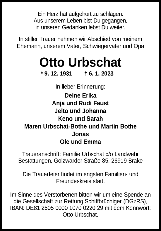 Traueranzeige von Otto Urbschat von Braunschweiger Zeitung