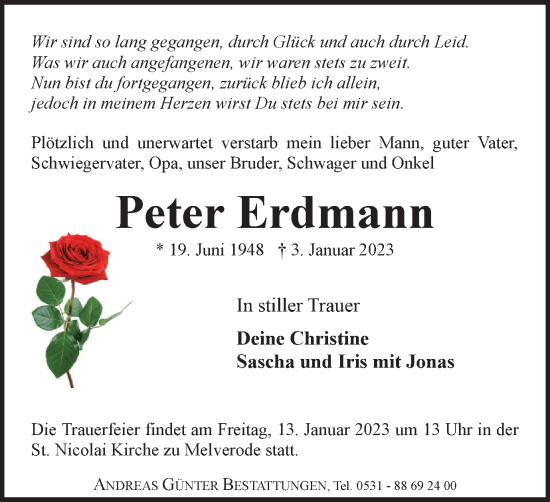 Traueranzeige von Peter Erdmann von Braunschweiger Zeitung