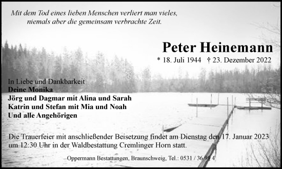 Traueranzeige von Peter Heinemann von Wolfenbütteler Zeitung