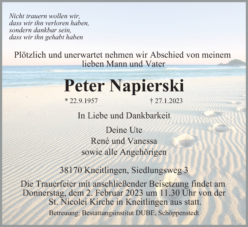  Traueranzeige für Peter Napierski vom 31.01.2023 aus Wolfenbütteler Zeitung