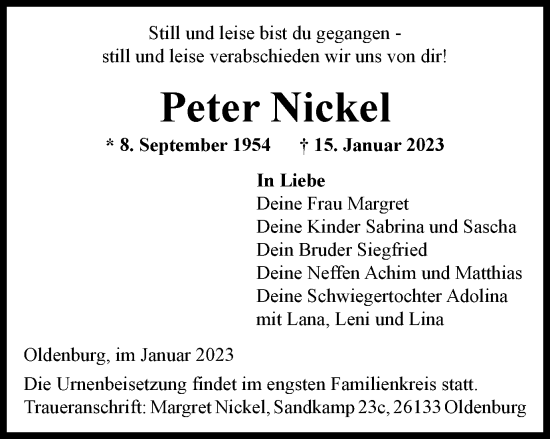 Traueranzeige von Peter Nickel von Helmstedter Nachrichten