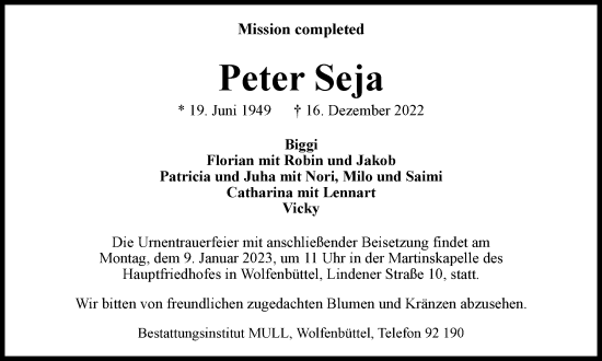 Traueranzeige von Peter Seja von Wolfenbütteler Zeitung