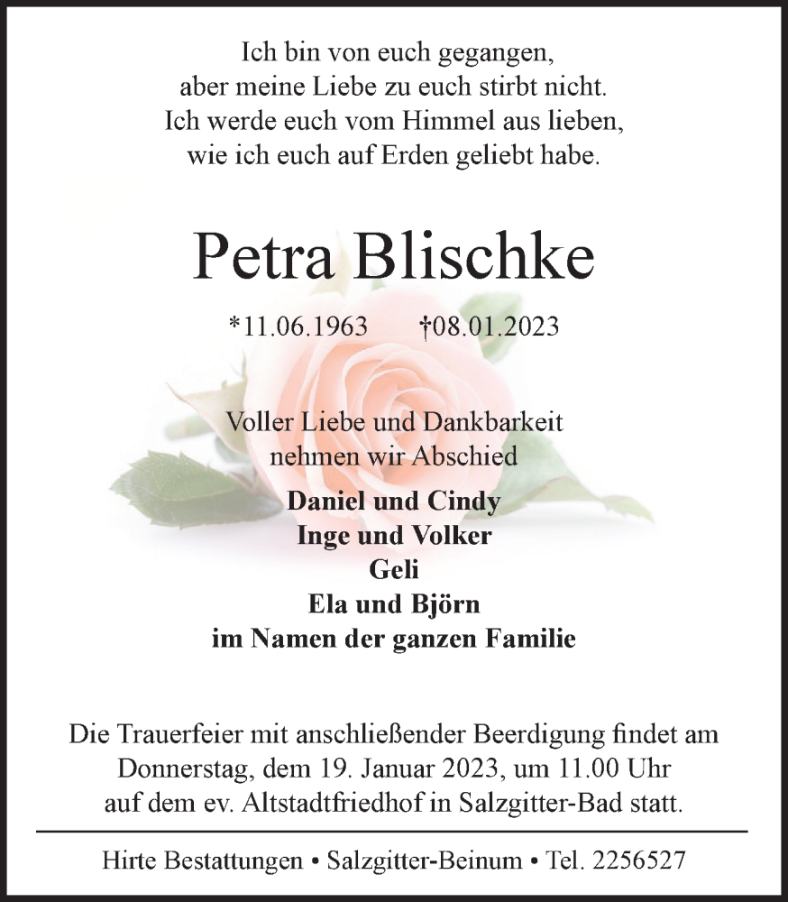  Traueranzeige für Petra Blischke vom 14.01.2023 aus Salzgitter-Zeitung