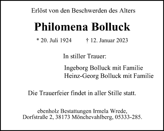 Traueranzeige von Philomena Bolluck von Braunschweiger Zeitung