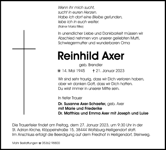 Traueranzeige von Reinhild Axer von Wolfsburger Nachrichten