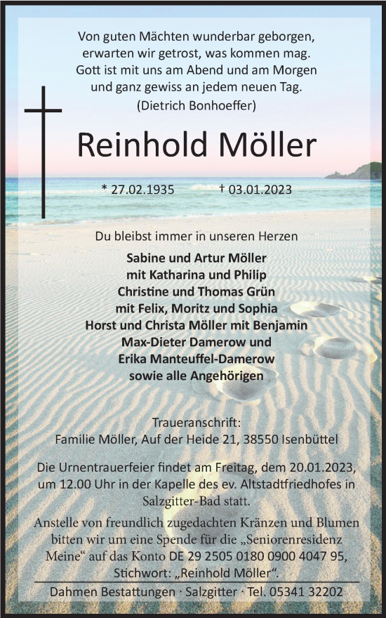 Traueranzeige von Reinhold Möller von Salzgitter-Zeitung, Wolfsburger Nachrichten