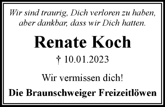 Traueranzeige von Renate Koch von Neue Braunschweiger am Samstag