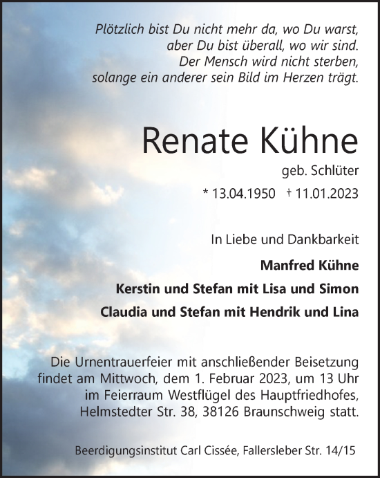 Traueranzeige von Renate Kühne von Braunschweiger Zeitung