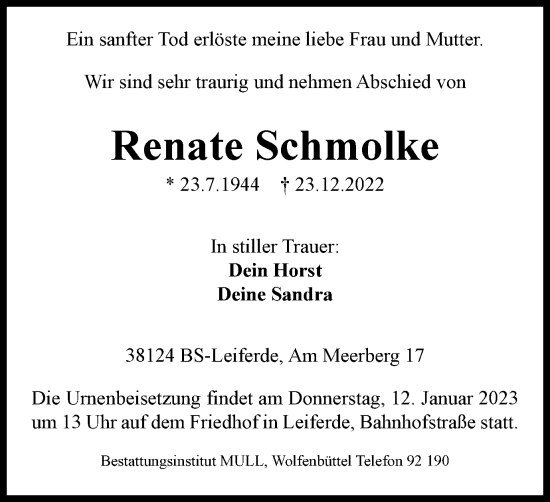 Traueranzeige von Renate Schmolke von Braunschweiger Zeitung
