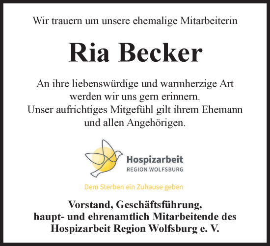 Traueranzeige von Ria Becker von Wolfsburger Nachrichten