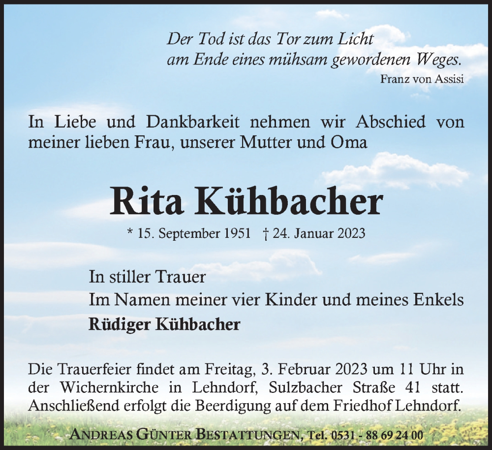  Traueranzeige für Rita Kühbacher vom 28.01.2023 aus Braunschweiger Zeitung
