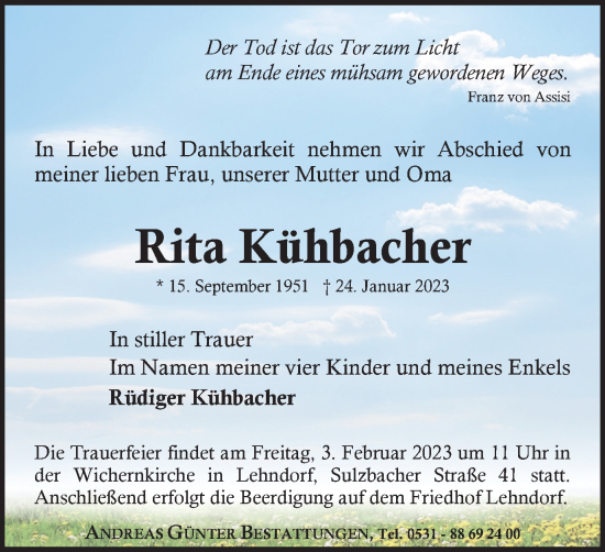 Traueranzeige von Rita Kühbacher von Braunschweiger Zeitung