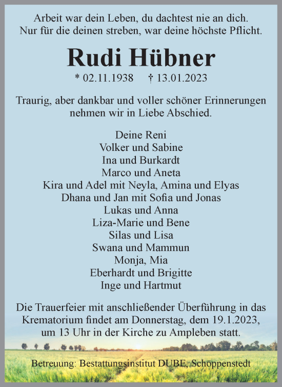Traueranzeige von Rudi Hübner von Wolfenbütteler Zeitung