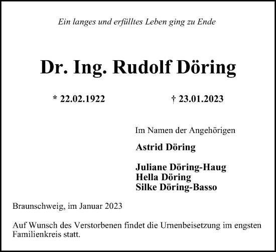 Traueranzeige von Rudolf Döring von Braunschweiger Zeitung