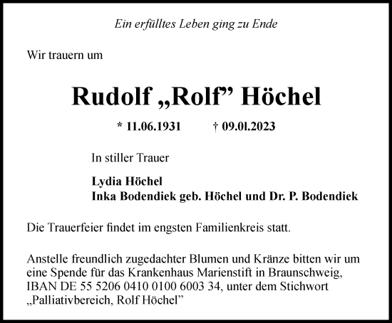 Traueranzeige von Rudolf  Höchel von Braunschweiger Zeitung