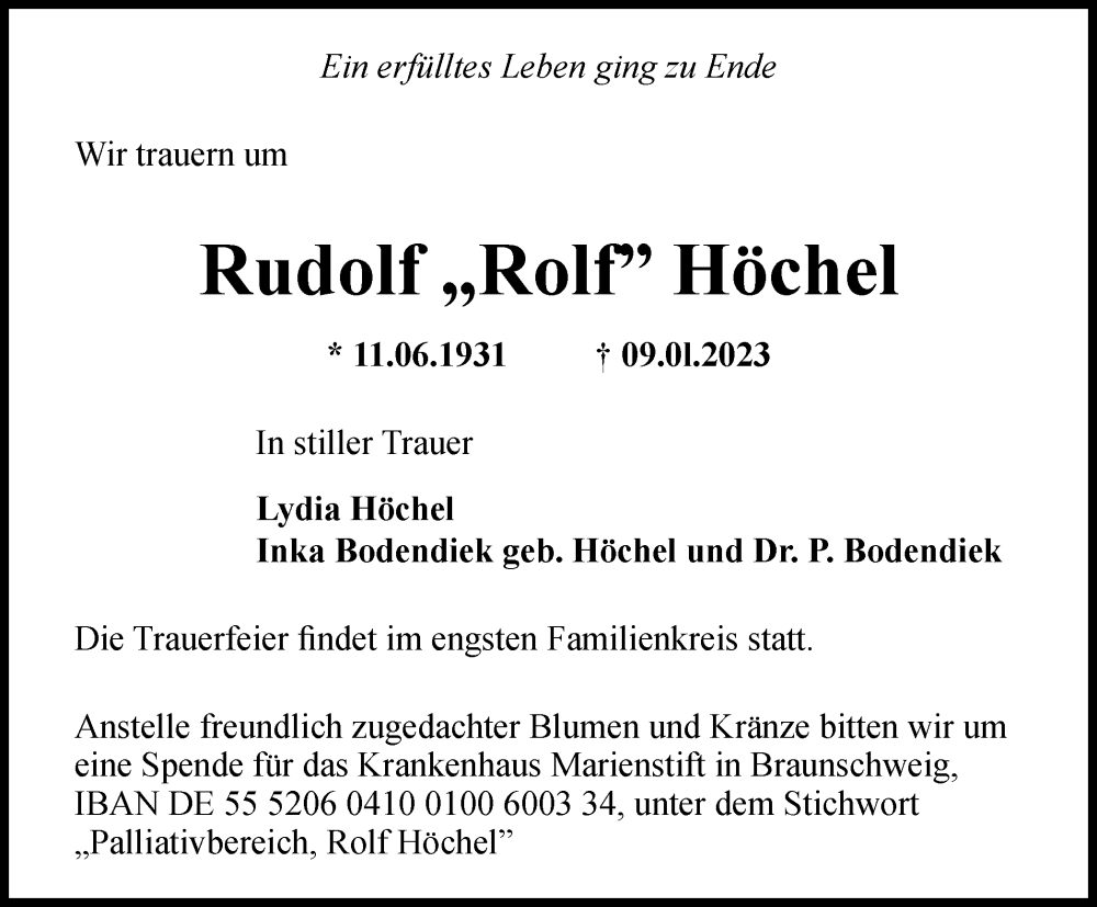  Traueranzeige für Rudolf  Höchel vom 21.01.2023 aus Braunschweiger Zeitung
