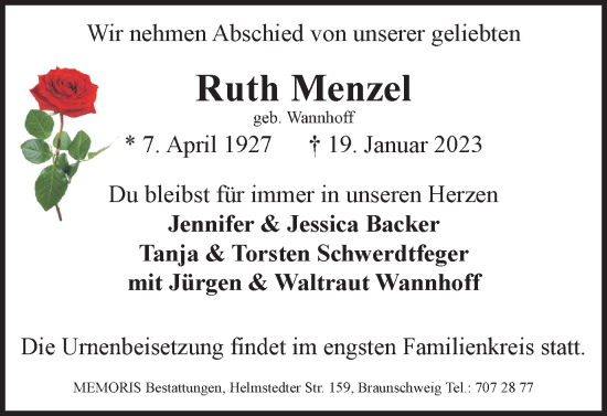 Traueranzeige von Ruth Menzel von Braunschweiger Zeitung