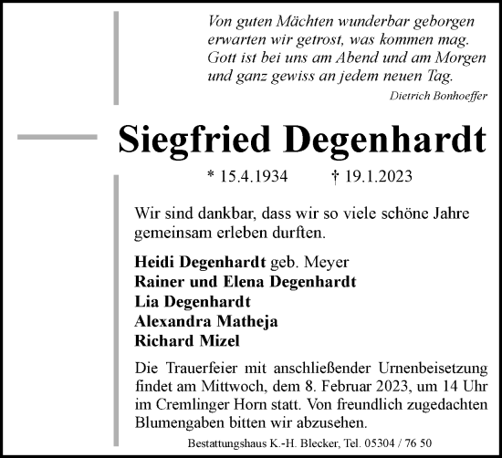 Traueranzeige von Siegfried Degenhardt von Braunschweiger Zeitung