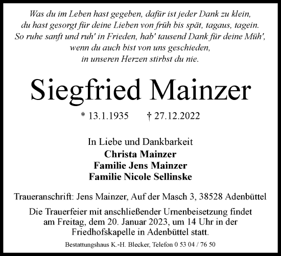 Traueranzeige von Siegfried Mainzer von Braunschweiger Zeitung