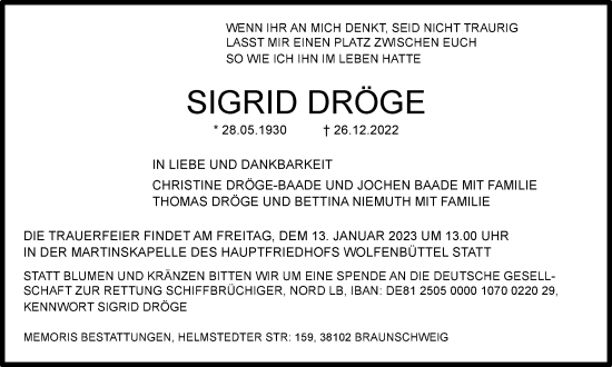 Traueranzeige von Sigrid Dröge von Braunschweiger Zeitung, Salzgitter-Zeitung