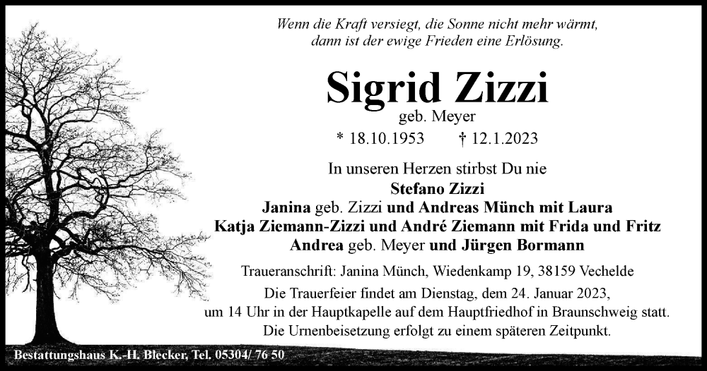  Traueranzeige für Sigrid Zizzi vom 20.01.2023 aus Braunschweiger Zeitung