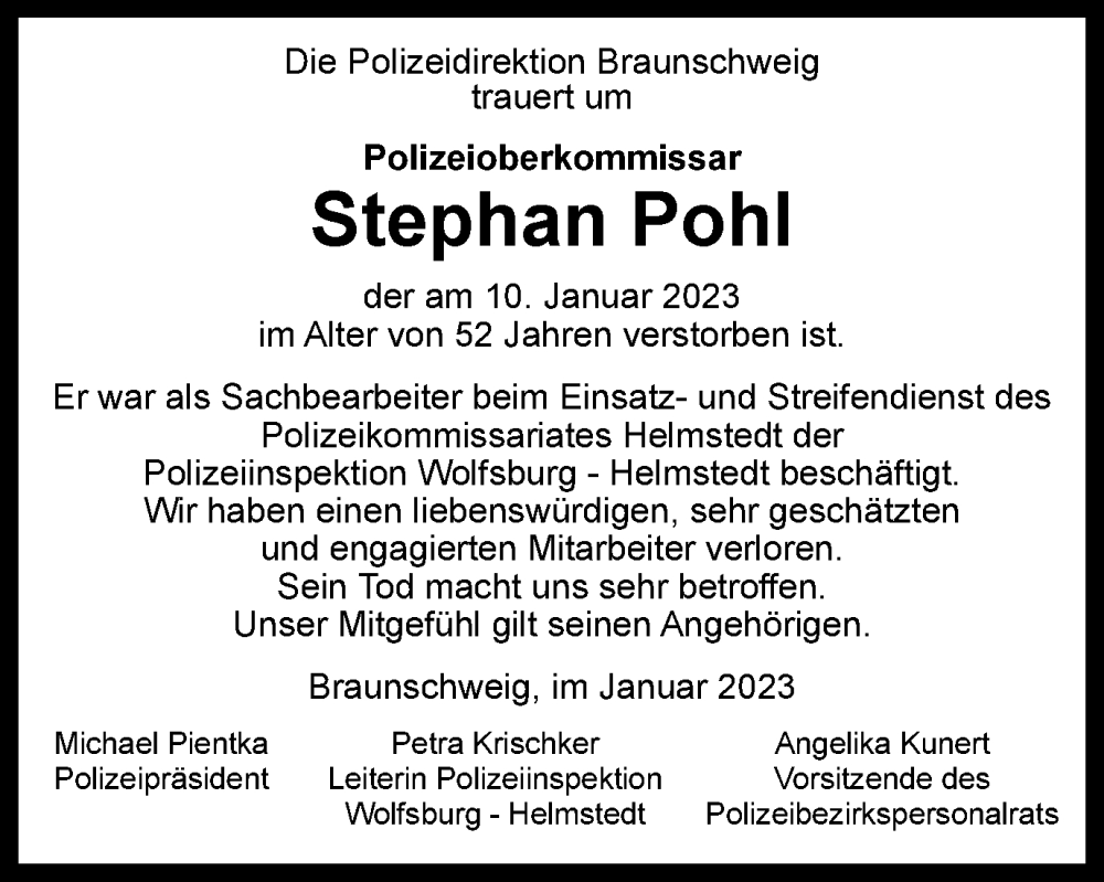  Traueranzeige für Stephan Pohl vom 14.01.2023 aus Helmstedter Nachrichten