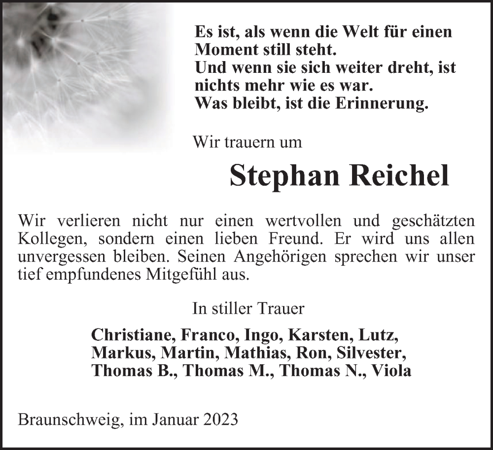  Traueranzeige für Stephan Reichel vom 21.01.2023 aus Braunschweiger Zeitung