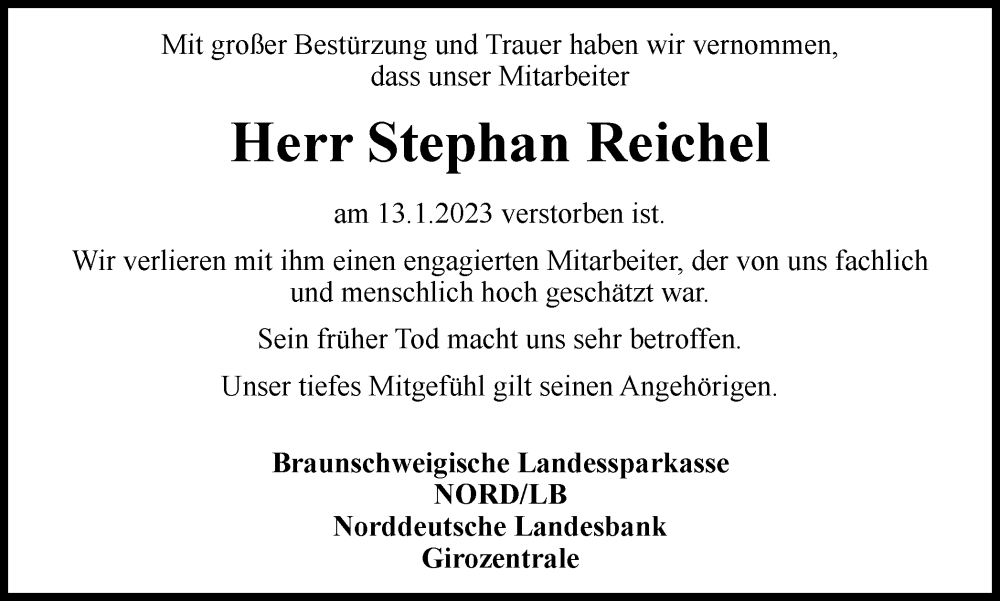  Traueranzeige für Stephan Reichel vom 21.01.2023 aus Braunschweiger Zeitung