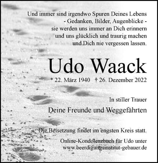 Traueranzeige von Udo Waack von Wolfsburger Nachrichten