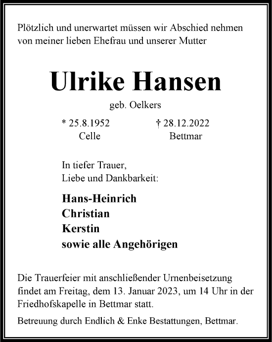 Traueranzeige von Ulrike Hansen von Braunschweiger Zeitung