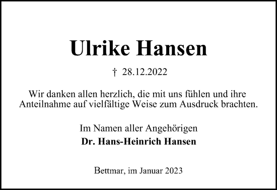Traueranzeige von Ulrike Hansen von Braunschweiger Zeitung