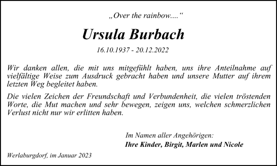 Traueranzeige von Ursula Burbach von Salzgitter-Zeitung, Wolfenbütteler Zeitung