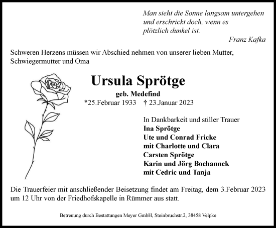 Traueranzeige von Ursula Sprötge von Helmstedter Nachrichten