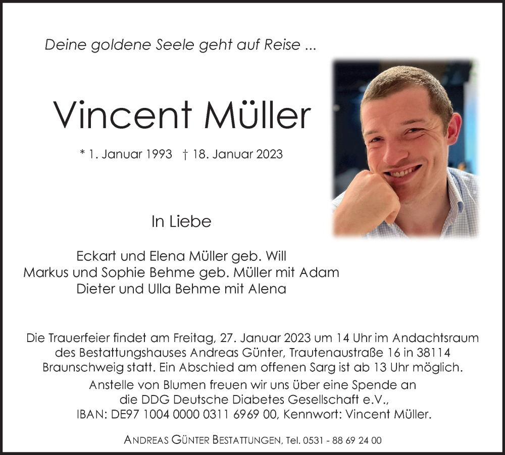  Traueranzeige für Vincent Müller vom 21.01.2023 aus Braunschweiger Zeitung
