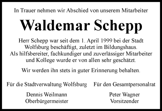 Traueranzeige von Waldemar Schepp von Wolfsburger Nachrichten